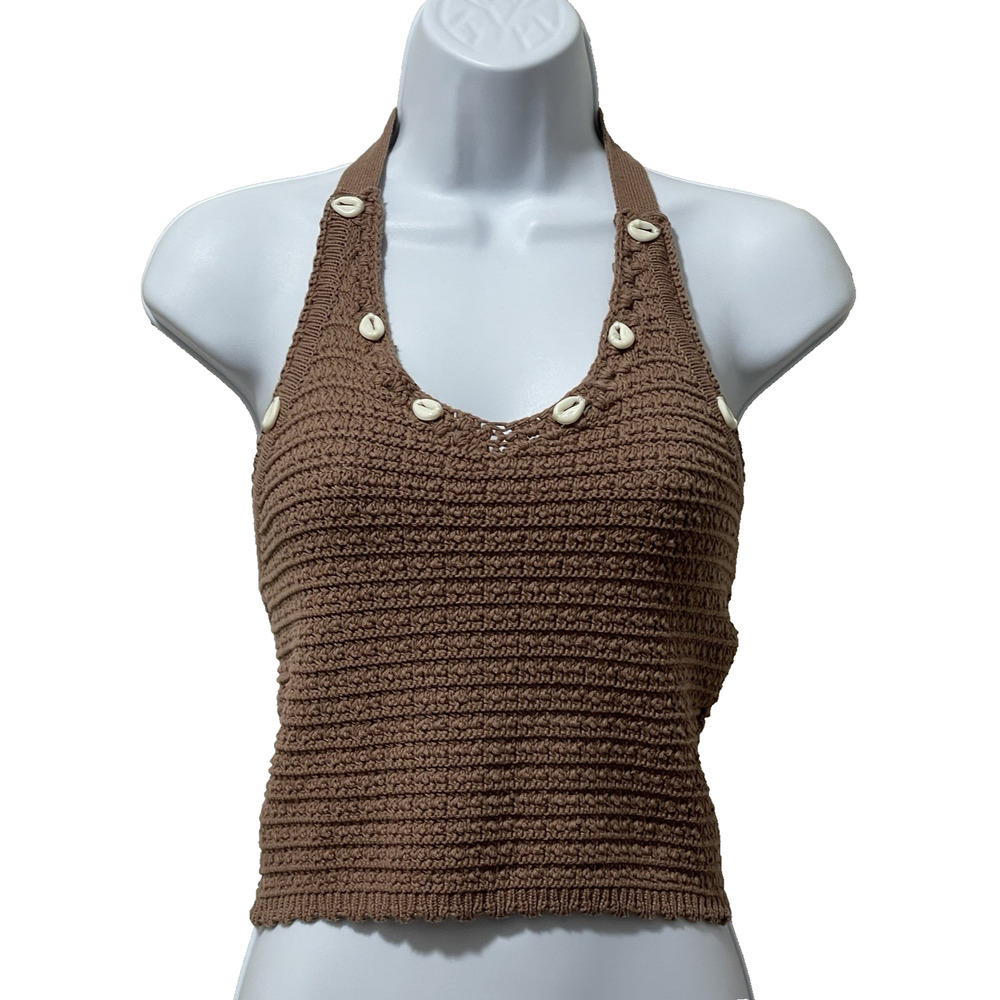 Sincerely Jules Crochet Halter Top Sz M Brown Knit Boho Chic Beach Summer Shells